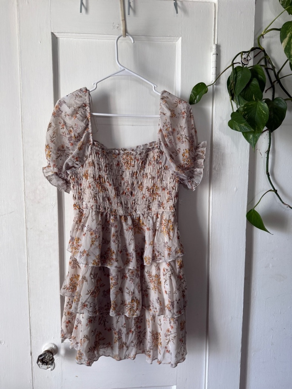 Thirty/thirty Floral Smocked Mini Dress in Cream and Mustard